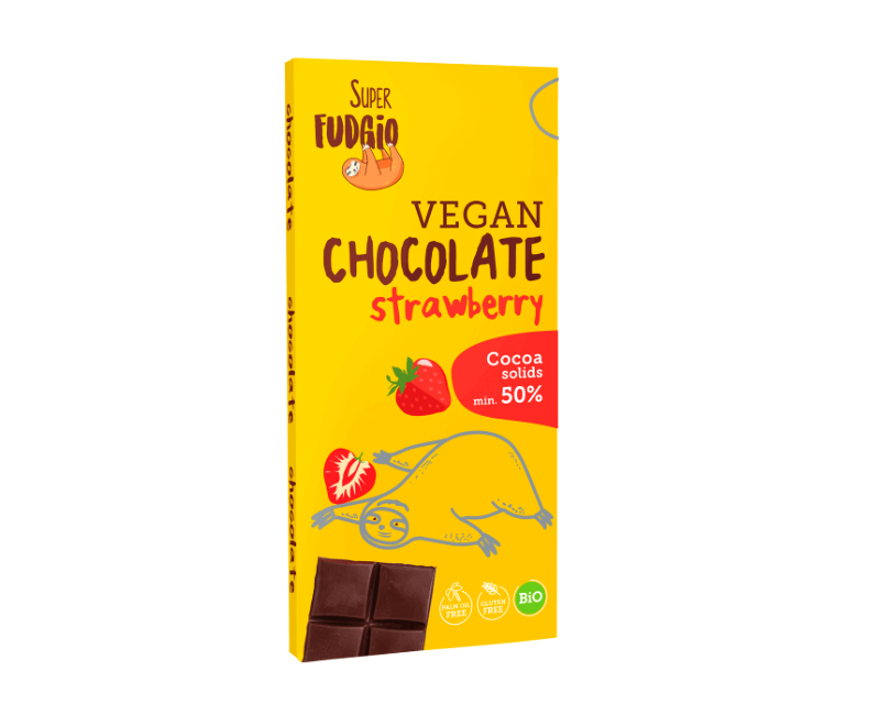Kookospiima_ja_roosuhkruga_maasikamaitseline_mahe_sokolaad_Super_Fudgio_80g Kookosjoogi ja roosuhkruga maasikamaitseline mahe šokolaad Super Fudgio, 80 g - Image 1